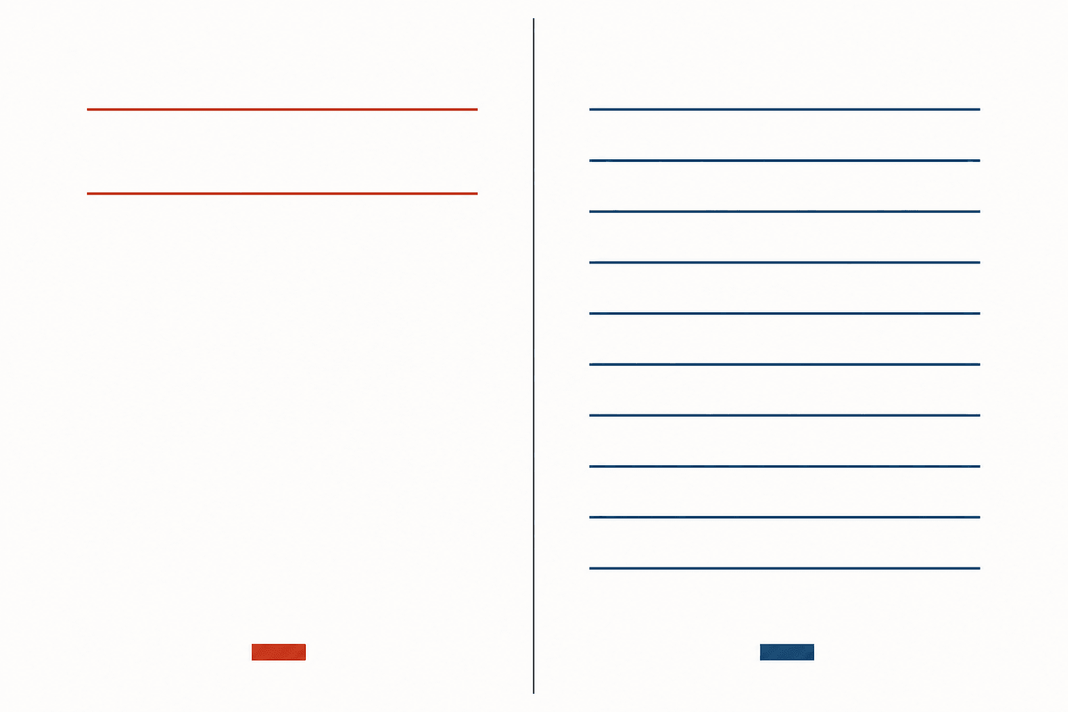 A ledger page with two short entries on the left half and ten dense entries on the right half, divided by one hairline.